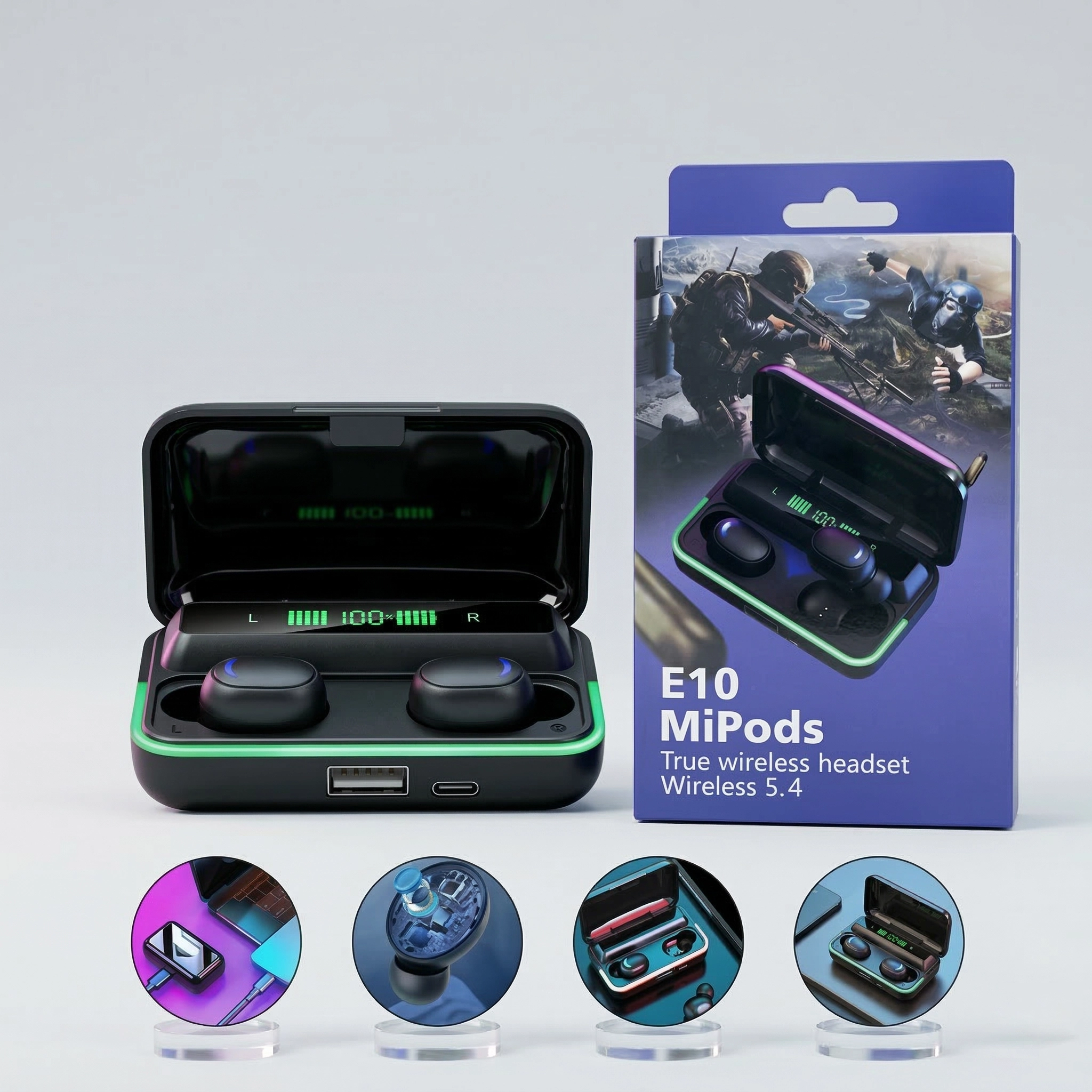 MiPods E10 Auriculares Inalámbricos TWS Gaming - Bluetooth 5.4 con Estuche de Carga