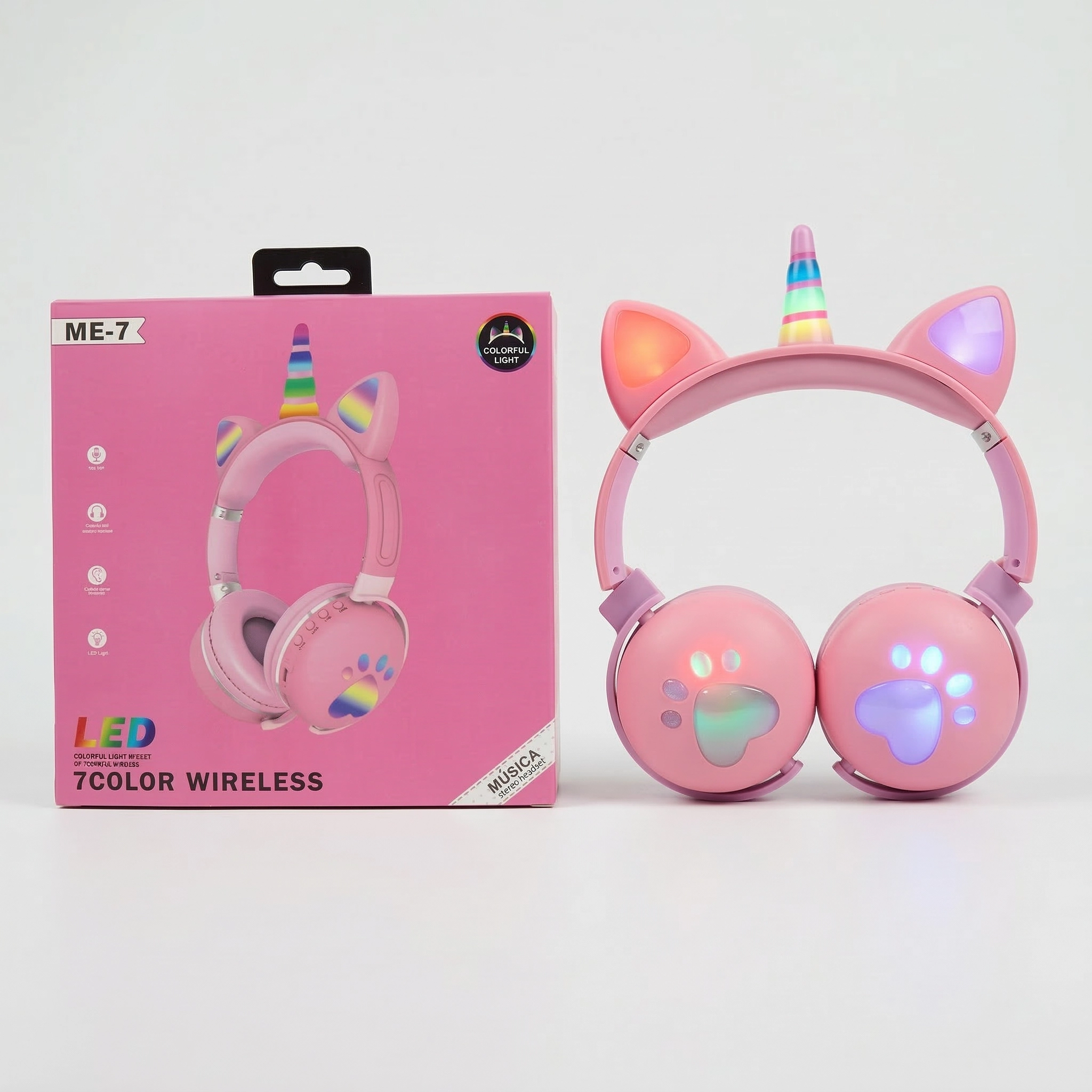 Audífonos Bluetooth ME-7 Diadema Unicornio y Gato ME-7 con Luces LED RGB y Micrófono