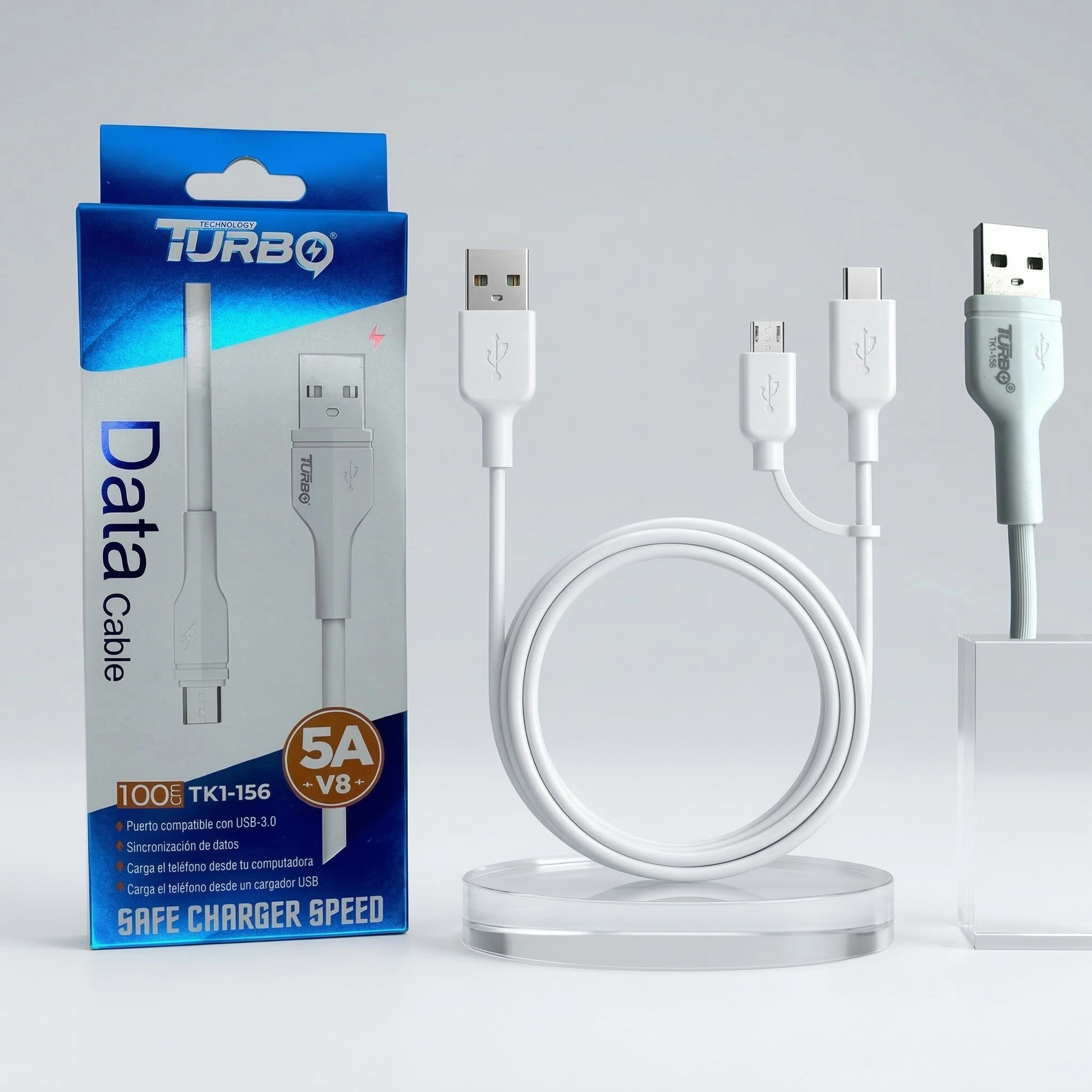 TURBO TK1-156 Cable de Datos Micro USB V8 de 100cm y 5A para Carga Rápida