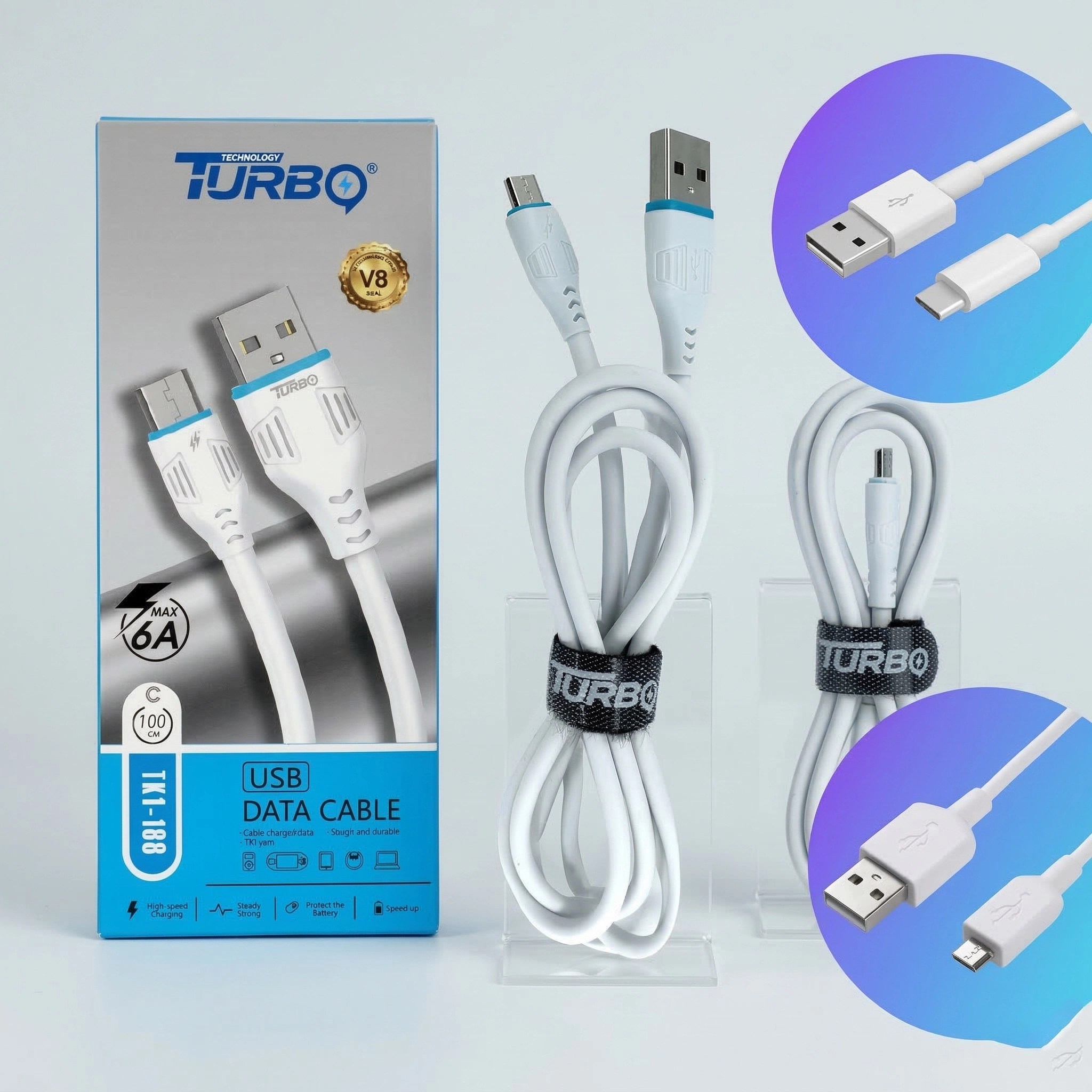 TURBO Cable de Datos USB a Micro USB V8 Modelo TK1-188 - Carga Rápida 6A, 100cm