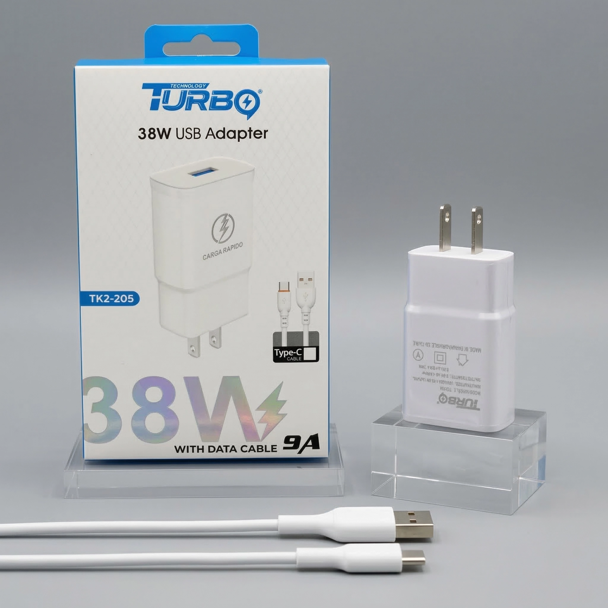 Turbo Technology TK2-205 - Cargador de Pared Turbo 38W con Cable de Datos Tipo C 9A