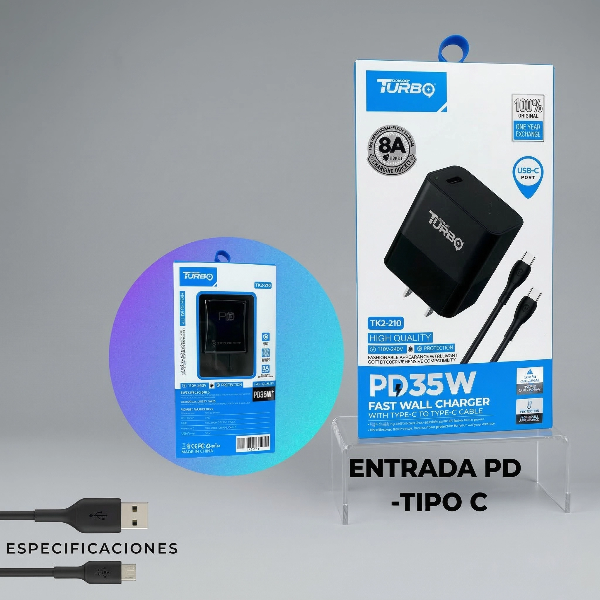 Turbo Technology TK2-210 - Cargador de Pared PD 35W con Cable Tipo-C a Tipo-C 8A