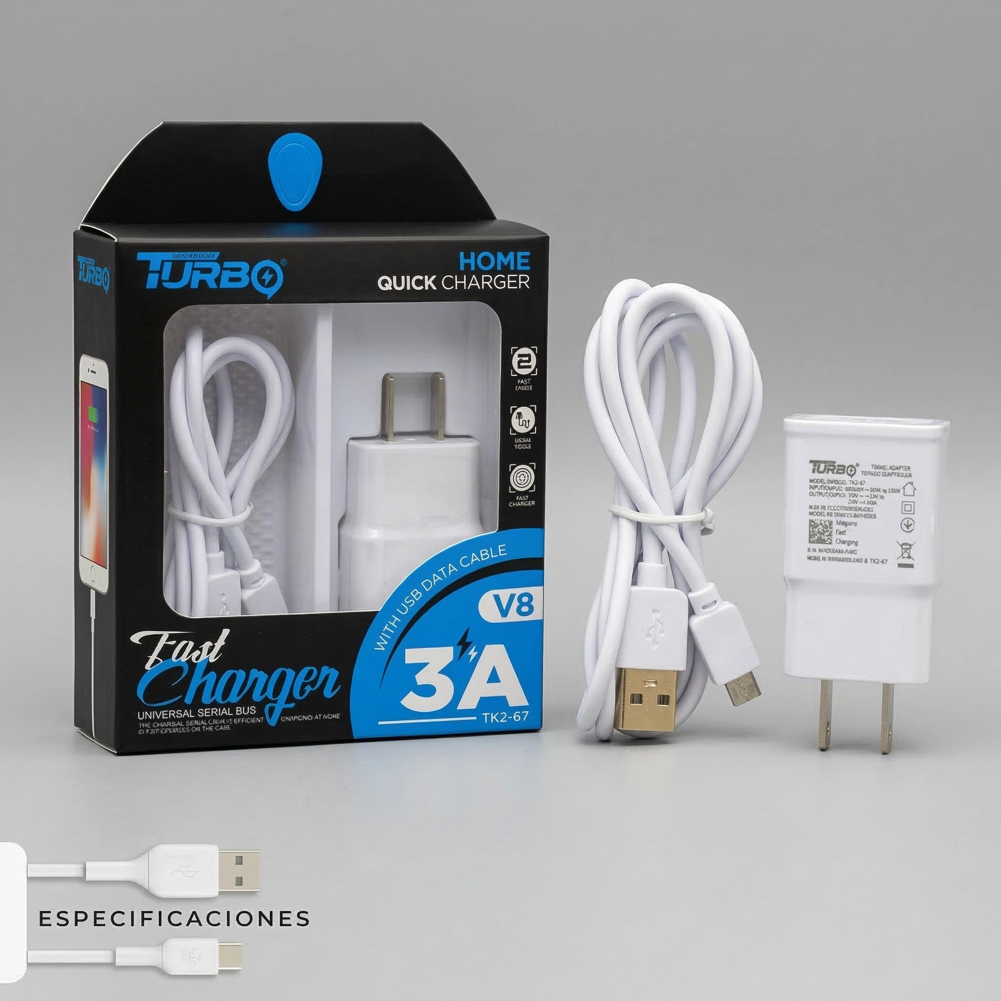 Turbo Technology TK2-67 - Cargador de Pared Turbo 38W con Cable Tipo-C 6.7A
