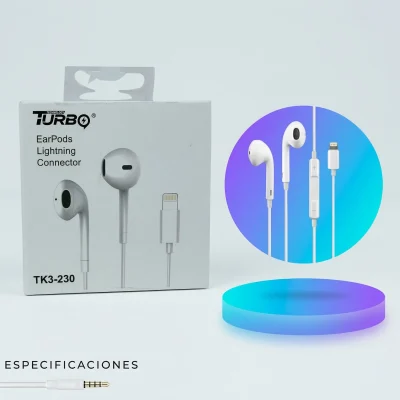TURBO EarPods con Conector Lightning Modelo TK3-230 - Auriculares de Alta Fidelidad para iPhone