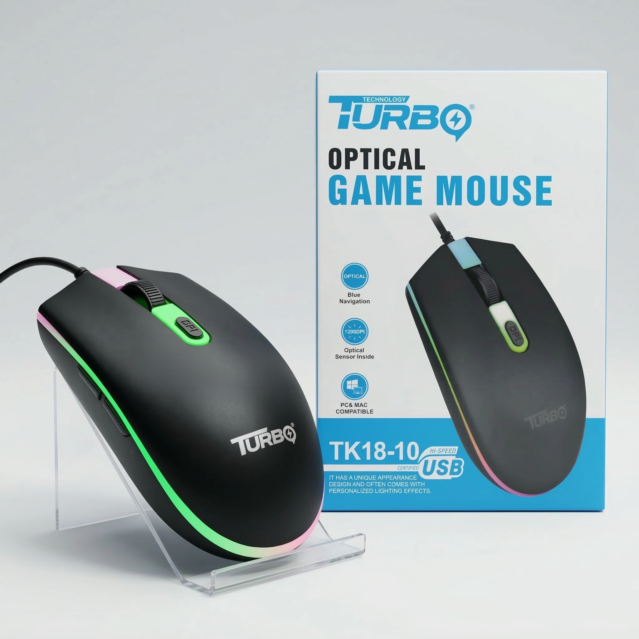 TURBO Mouse Gamer Óptico TK18-10 con Iluminación LED y 1200 DPI